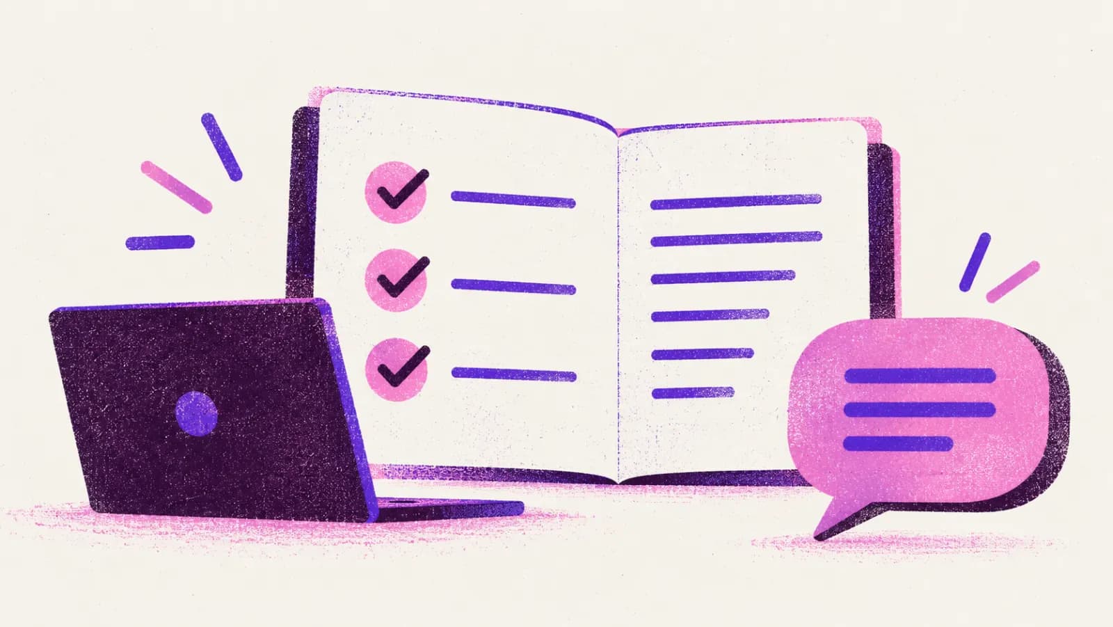 Illustration of an open document with check marks, a laptop and a conversation bubble